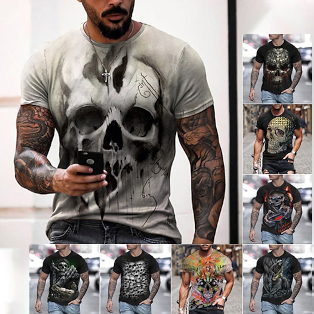 Herren Totenkopf Motiv Grafik-Drucke Hemd T Shirt Tee Retro-Shirts Kurzarm T-Shirt 3D-Druck Rundhalsausschnitt Hemd Vintage Designer Retro Strasse Täglich Festtage Schwarzes Gold Schwarz und Blau Lightinthebox