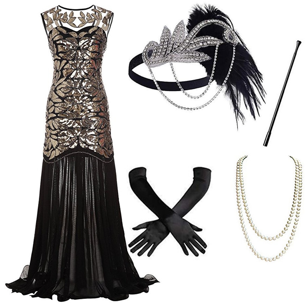 Retro Vintage Brüllen 20s 1920s Flapper Kleid Kleid Austattungen Der große Gatsby Damen Pailletten Party-Abendgarderobe Erwachsene Kleid Handschuhe Kopfbedeckung Lightinthebox