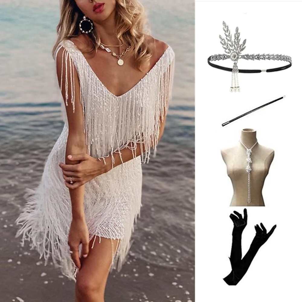 Brüllen 20s 1920s Vintage inspiriert Flapper Kleid Kleid Austattungen Der große Gatsby Damen Quaste Einfarbig Quaste V Ausschnitt Karneval Valentinstag Maskerade Party-Abendgarderobe Cocktailparty Lightinthebox