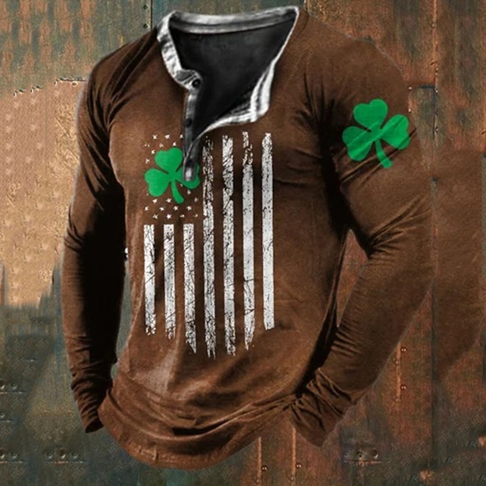 St. Patrick's Day Herren-Henley-Shirt, T-Shirt, grafisches Kleeblatt, Nationalflagge, Henley-Kleidung, Bekleidung, 3D-Druck, täglicher St. Patrick's Day, lange Ärmel, Button-Down-Druck, Modedesigner Lightinthebox