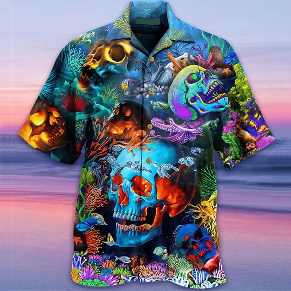 Herren Totenkopf Motiv Hippie Hemd Hawaiihemd Sommerhemd Kurzarm Tropisch Modisch Hawaiianisch Casual Hawaiianisch Festtage Sommer Frühling Umlegekragen Bedruckt Button-Down Gelb Rote Marineblau Grün Lightinthebox