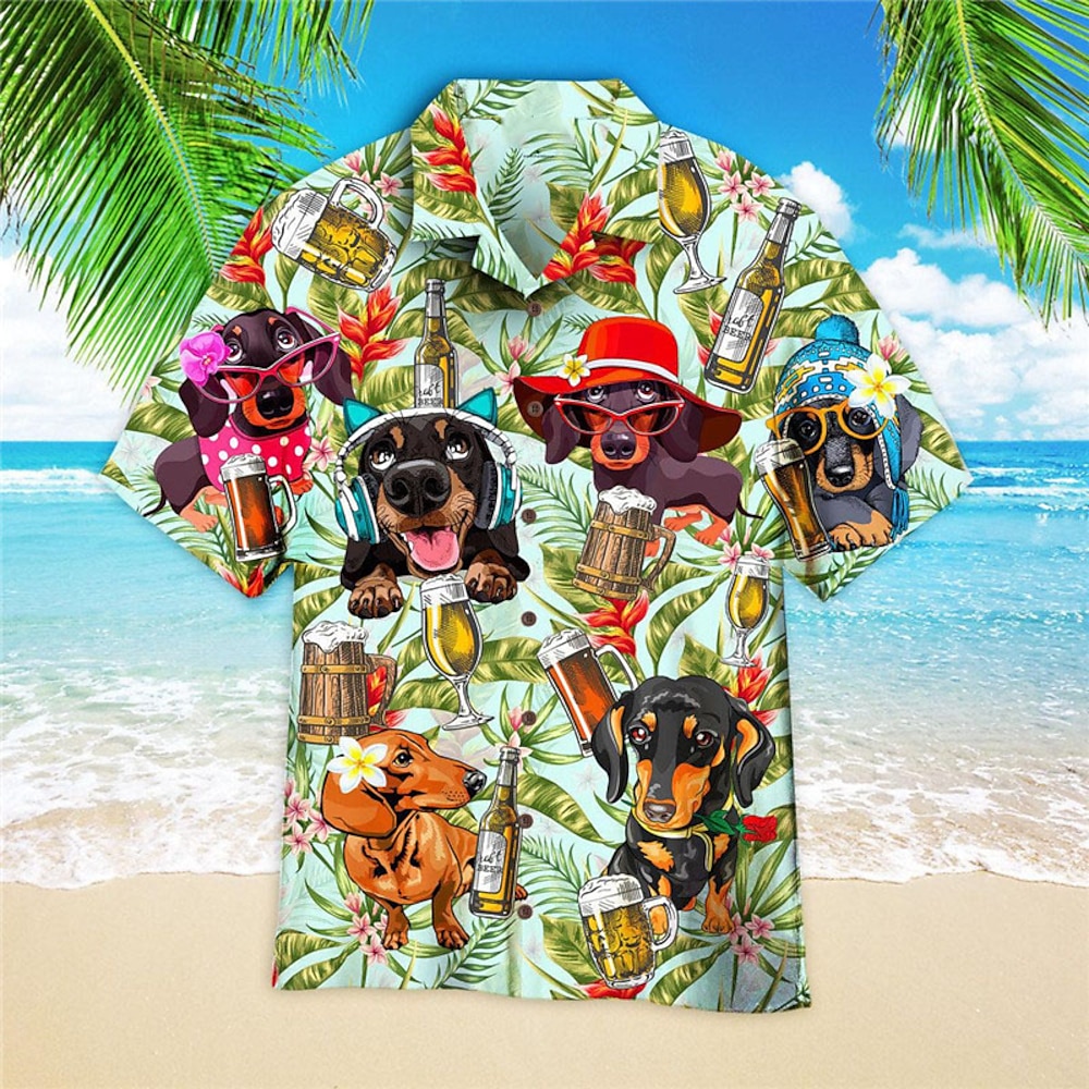 Herren Blumen Tier Hund Hemd Hawaiihemd Sommerhemd Kurzarm Hemd Umlegekragen Tropisch Modisch Hawaiianisch Casual Hawaiianisch Festtage Grün S M L Lightinthebox