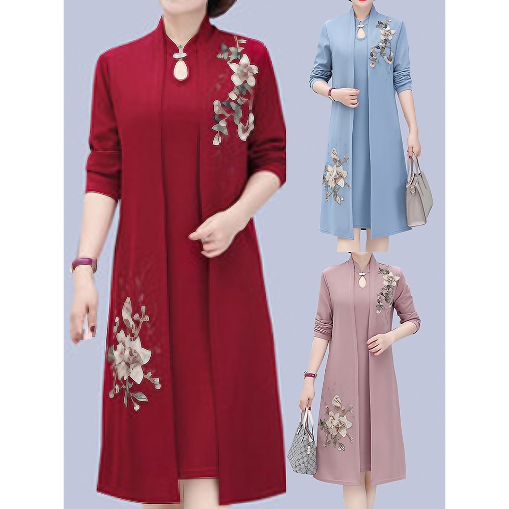 Damen Kleid-Set Kleid drucken Brautkleider schlicht Blumen Bedruckt Midikleid Langarm Ständer Outdoor Urlaub Rosa Wein Blau Herbst Winter Lockere Passform Lightinthebox