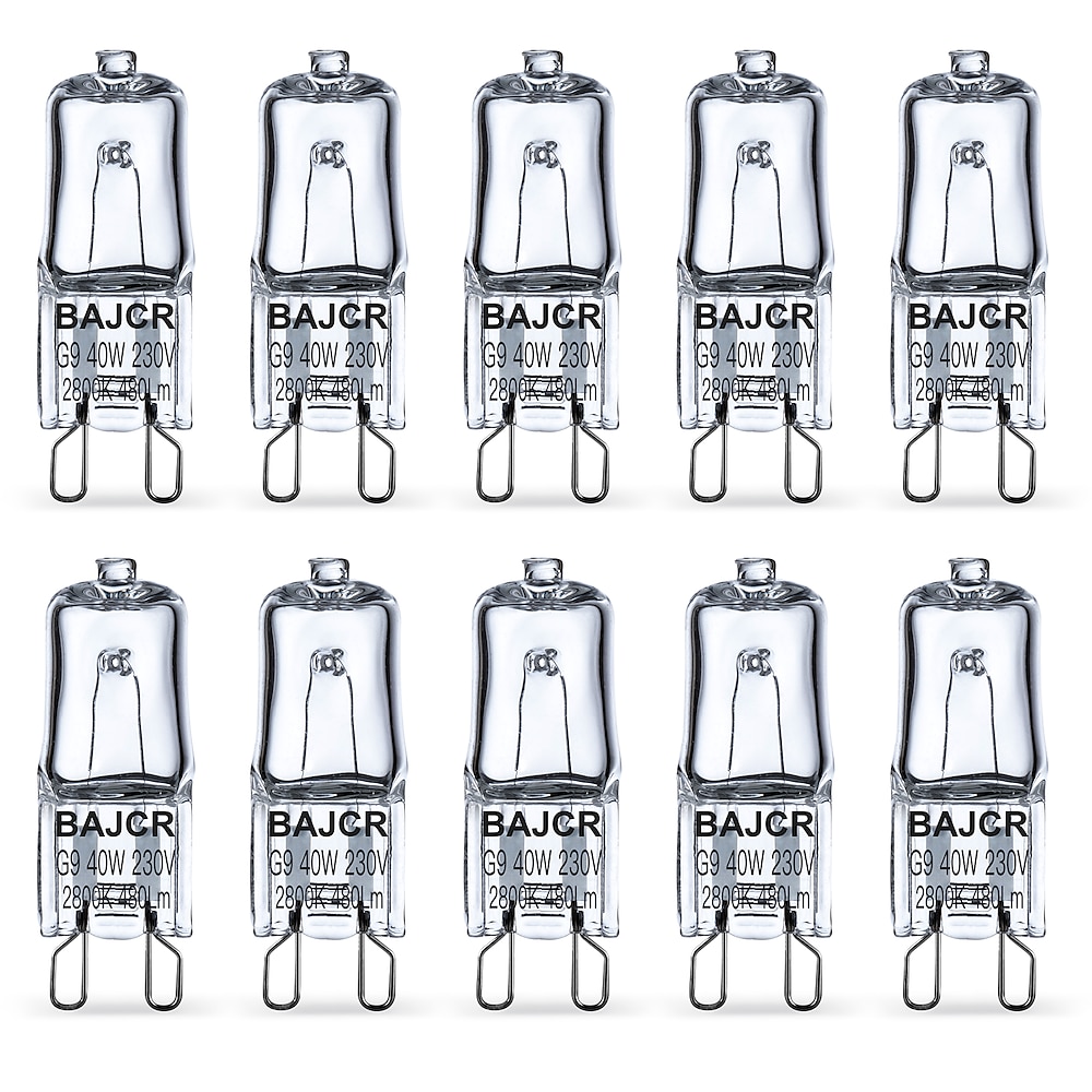 Bajcr Lighting Halogen-Glühlampe G9 T4 40 W JCD Bi-Pin (10 Stück) für Kronleuchter, Pendelleuchten, Schrankleuchten, Landschaftsleuchten, Schreibtisch- und Stehlampen, Wandleuchten, 230 V dimmbar, Lightinthebox