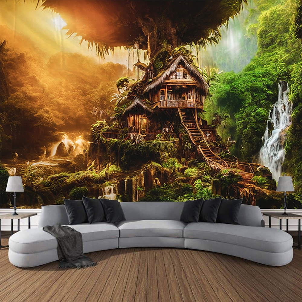 fantasiewald landschaft hängende wandteppiche große wandteppiche wanddekor fotografie hintergrund decke vorhang hause schlafzimmer wohnzimmer dekoration pflanze fluss hütte Lightinthebox