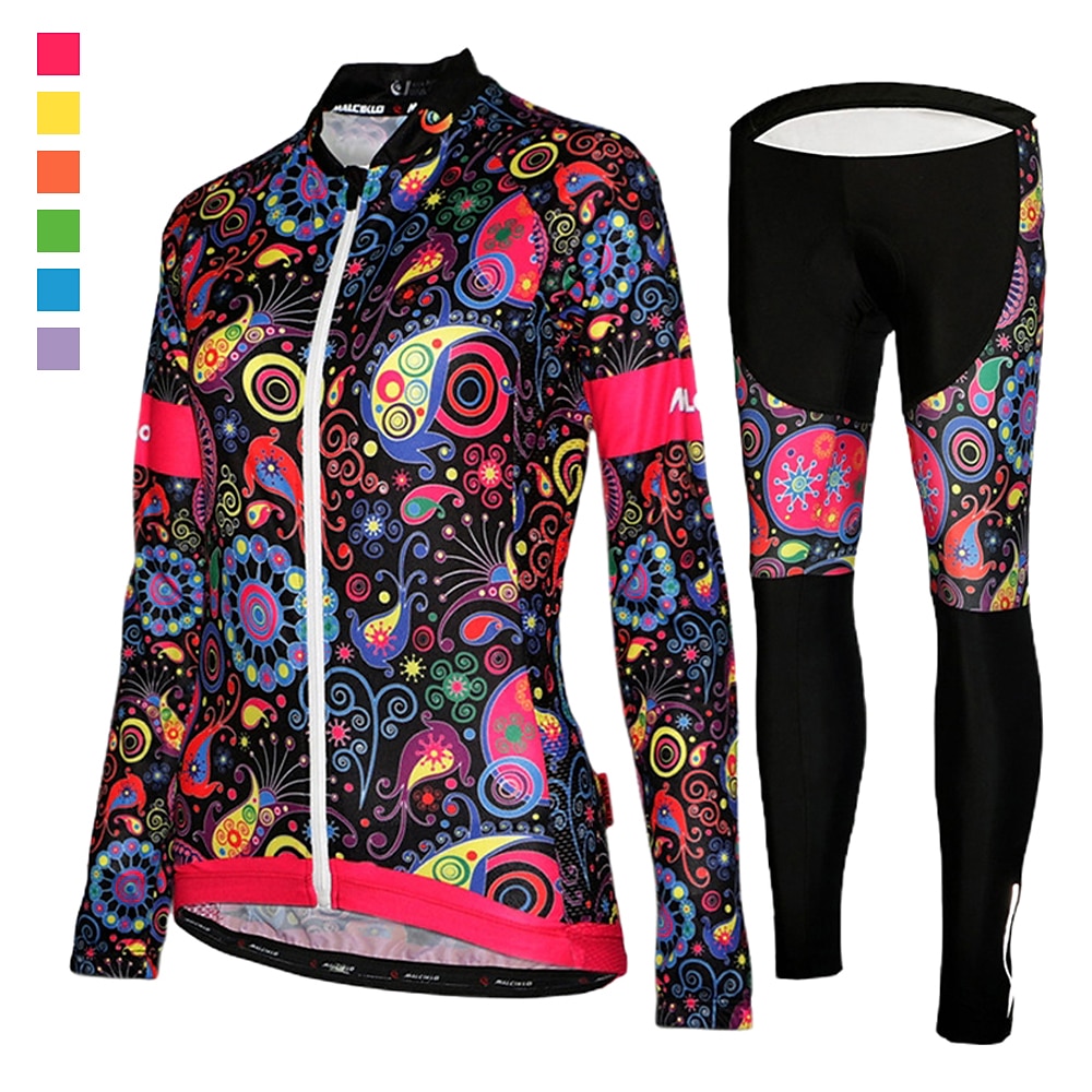 Damen Langarm Fahrradtrikots mit Fahrradhosen Winter Gitter Lycra Polyester Grün Schwarz Purpur Blumen Pflanzen Lustig Fahhrad Trikot / Radtrikot Strumpfhosen / Lange Radhose UV-beständig 3D-Pad Lightinthebox