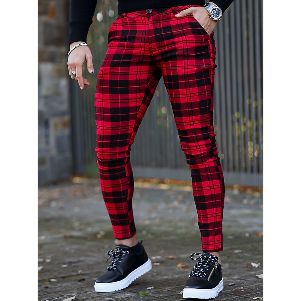 Herren Hose Hosen Chinesisch Chino Chino Hosen Karierte Anzughose Tasche Plaid Komfort Atmungsaktiv Outdoor Täglich Ausgehen Modisch Strassenmode Weiß Rote Lightinthebox