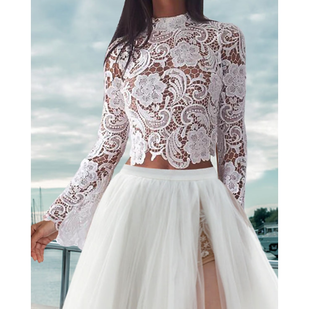 Boho-Brautkleider, Strandhochzeits-Einzelteile, hoher Halsausschnitt, langärmlige Einzelteile, Spitzen-Brautoberteile, Brautkleider mit Applikationen, beeindruckendes Kleid, Herbsthochzeit 2025 Lightinthebox