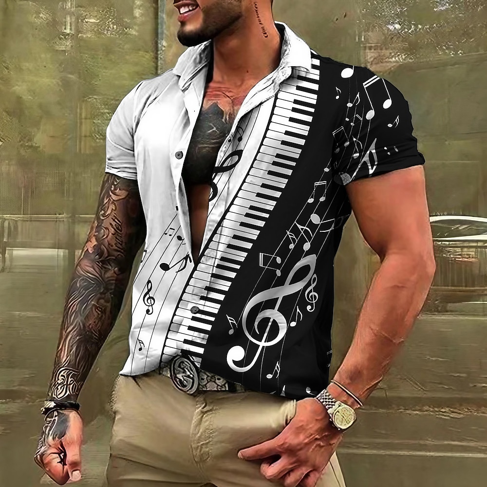 Herren Musik Bemerkung Pano Keys Hemd Knopfhemd Kurzarm Modisch Strassenmode Designer Casual Täglich Wochenende Sommer Frühling Umlegekragen Bedruckt Button-Down Meerblau Weiß Blau Purpur Braun Lightinthebox