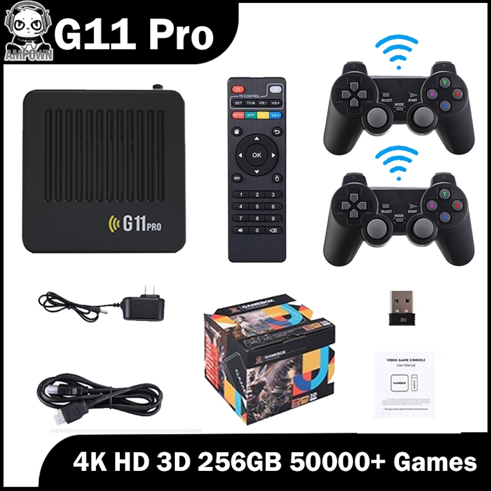 Ampown G11 Pro 4K HD 3D Gamebox Videospielkonsole 64 g 128 g 256 g Spiel Sopa 2,4 g Tablet-Gamepad-Unterstützung PSP GBC GBA N64 40.000 Spiele, Weihnachtsgeburtstagsgeschenke für Freunde und Kinder Lightinthebox