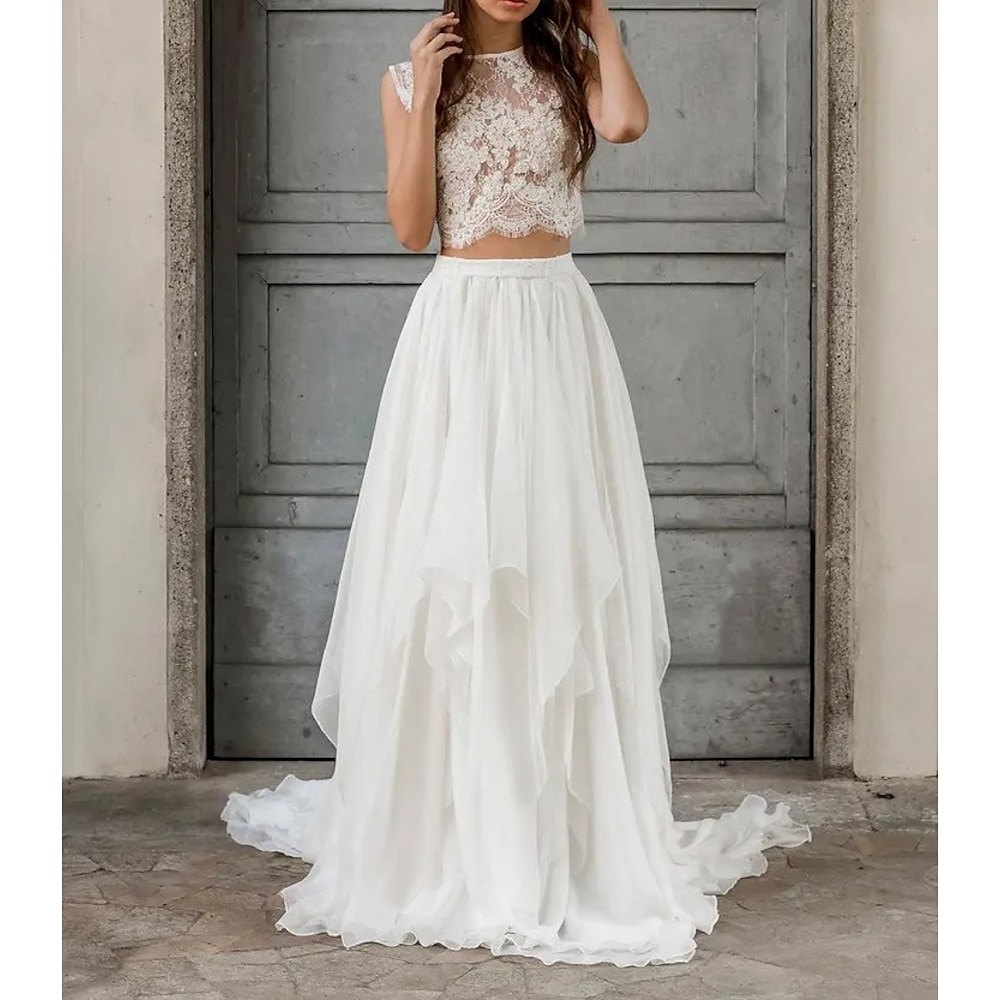 TS Strandhochzeit Boho Brautkleider zweiteilig Rundhalsausschnitt ärmellos Hofschleppe Chiffon Brautanzüge Brautkleider mit Applikationen einfarbig 2025 Lightinthebox