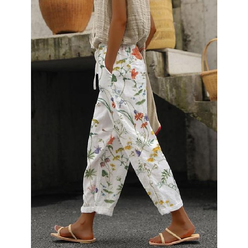 Damen Breites Bein Schlabberhose Vintage Brautkleider schlicht Knöchellänge Blumen Kordelzug Seitentaschen Bedruckt Komfort Unelastisch Casual Täglich Weiß Sommer Frühling Herbst Regular Fit Lightinthebox