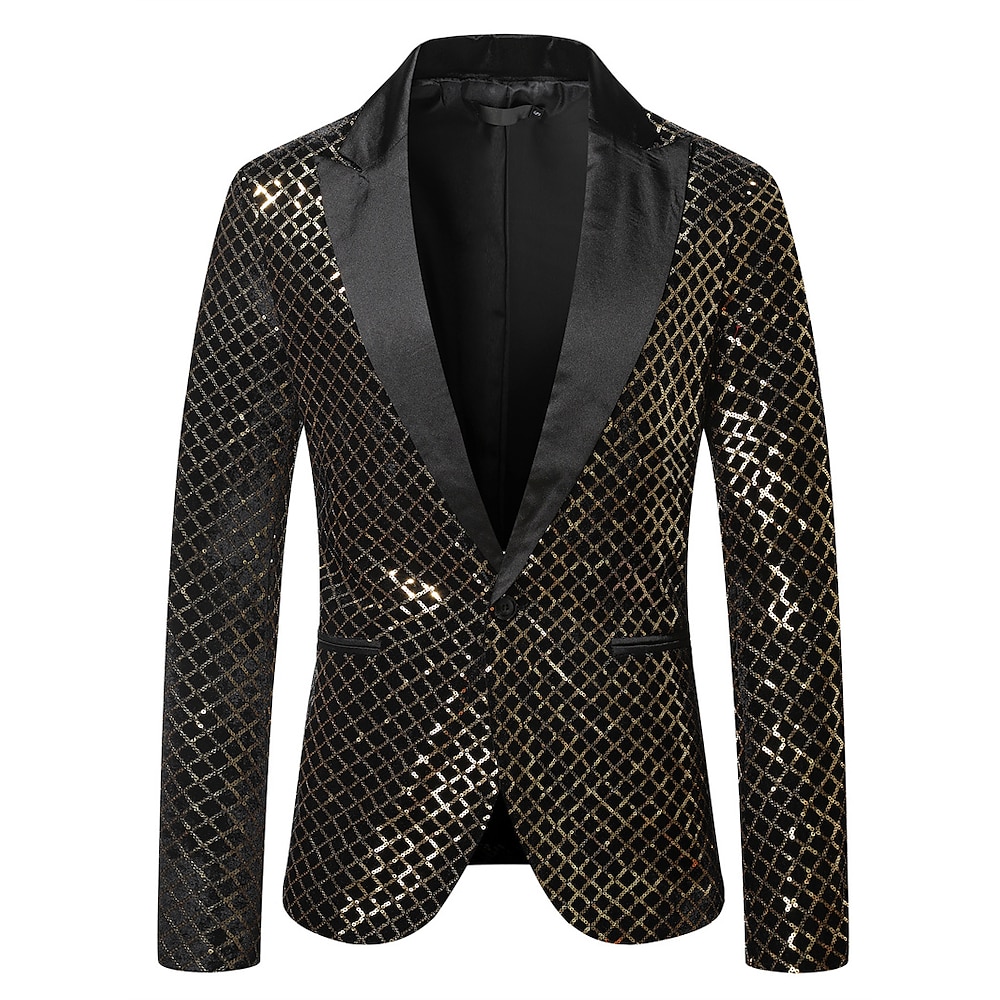 Herren-Pailletten-70er-Jahre-Disco-Retro-Party-Blazer, modisch, lässig, glitzernde Pailletten-Party-Blazer-Jacke, normale Passform, einfarbig, einreihig, Ein-Knopf, mehrfarbig, Silber, Gold, 2024 Lightinthebox