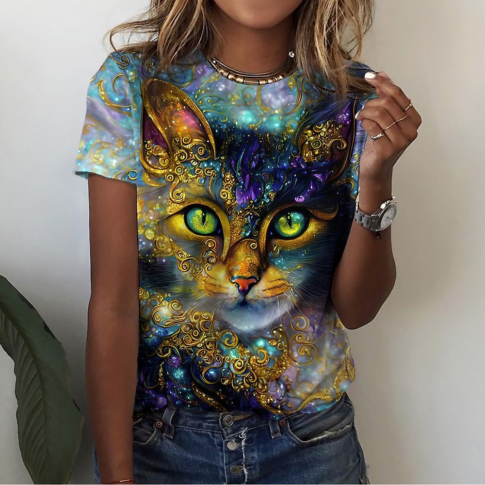 Damen T-Shirt Basic Katzen-Print Kurzarm Normale Oberteile Rundhalsausschnitt Alltag Wochenende Gelb Lightinthebox