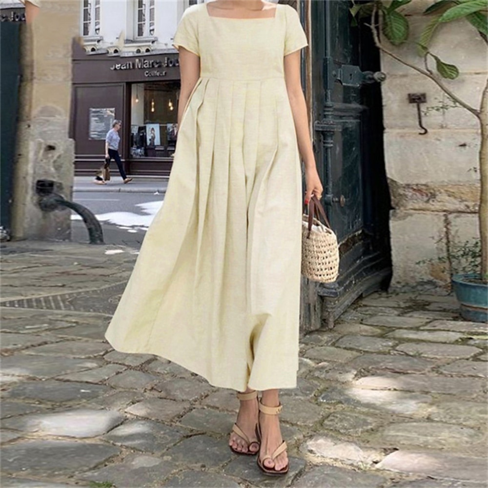 Damen Armeegrün Marineblau Khaki Sommer Frühling Maxidress Casual kleid Sommerkleid aus Baumwolle Basic Brautkleider schlicht Urlaub Täglich Festtage Lockere Passform Einfarbig Quadratischer Lightinthebox