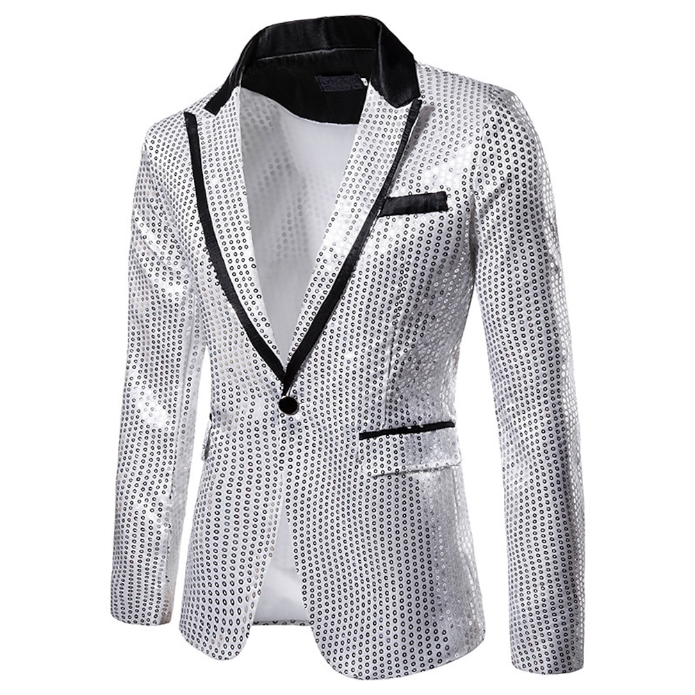 Herren-Pailletten-Blazer im 70er-Jahre-Stil, Disco-Retro-Party-Blazer mit Fliege, normale Passform, einfarbig, einreihig, Ein-Knopf, Schwarz, Silber, Rosa, Rot, Blau, Lila, Gold, 2024 Lightinthebox