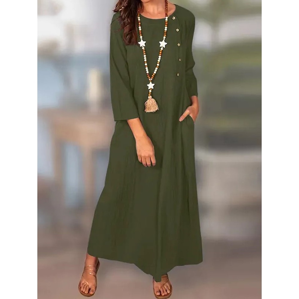 Damen Casual kleid Sommerkleid aus Baumwolle Maxidress Baumwollmischung Leinen Knopf Tasche Klassisch Brautkleider schlicht Täglich Urlaub Rundhalsausschnitt Langarm Sommer Frühling Herbst Armeegrün Lightinthebox