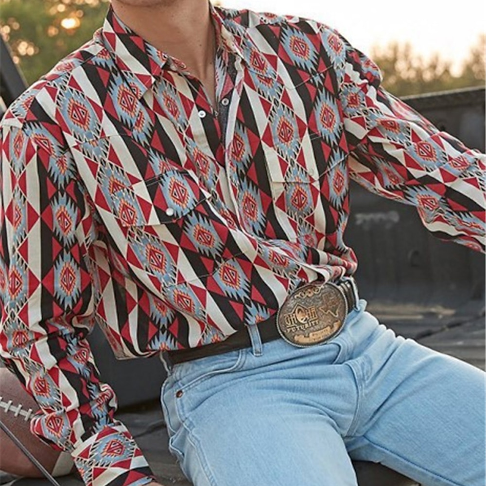 Herren Grafik-Drucke Vintage Geometrie Hemd Westernhemd Cowboy-Shirt Langarm Modisch Strassenmode Designer Outdoor Täglich Herbst Winter Umlegekragen Bedruckt Button-Down Rote Blau Orange Grün Lightinthebox