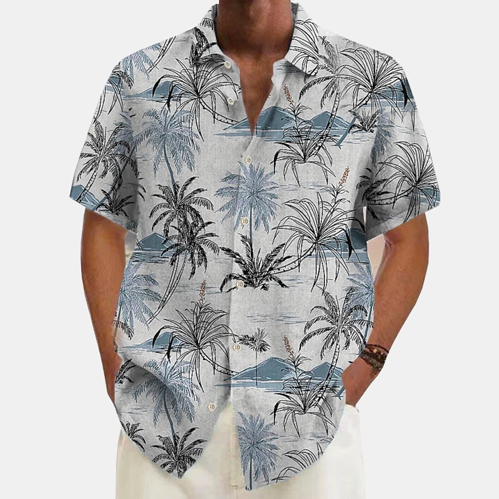 Herren leinenhemd Strandhemd Hawaiihemd Sommerhemd Knopfhemd Kokosnussbaum Urlaub Hawaiianisch Weiß Grün Khaki Dunkelblau Kurzarm Kargen Frühling Sommer Bekleidung Bedruckt Lightinthebox