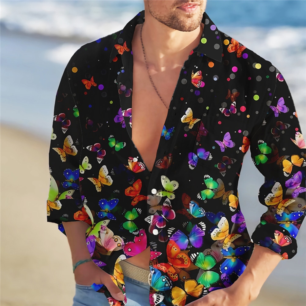 Herren Schmetterling Hemd Hawaiihemd Sommerhemd Aloha-Shirt Langarm Hemd Umlegekragen Modisch Strassenmode Designer Outdoor Strasse Casual Gelb Blau Purpur S M L Lightinthebox