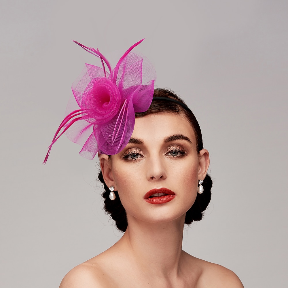 Fascinator für Damen für Partys, Hochzeiten, besondere Anlässe, Federstoff, rot, rosa, grün, Kleid zum Beeindrucken 2025 Lightinthebox