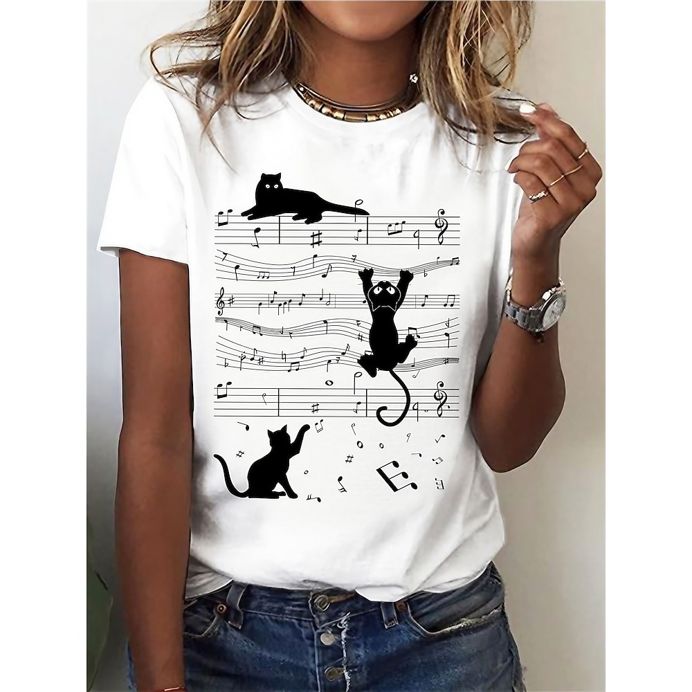 Damen T-Shirt Basic Katzen-Print Kurzarm Normale Oberteile Rundhalsausschnitt Alltag Wochenende Weiß Lightinthebox