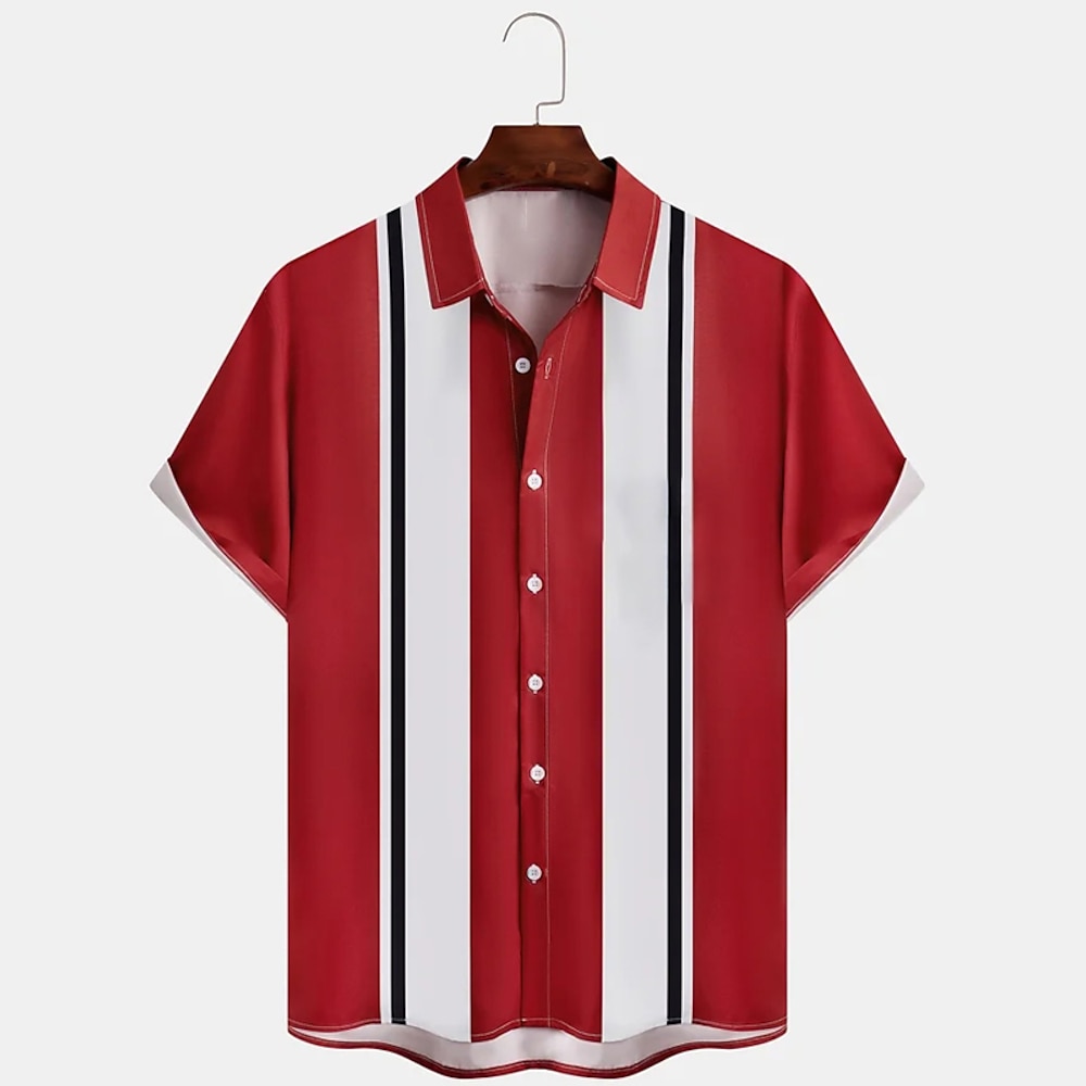 Herren Hemd Lässiges Hemd Bowling-Shirt Knopfhemd Schwarz Wein Rot Kurzarm Gestreift Umlegekragen Strasse Urlaub Vintage-Stil Bekleidung Polyester Baumwollmischung Modisch 1950s Brautkleider schlicht Lightinthebox