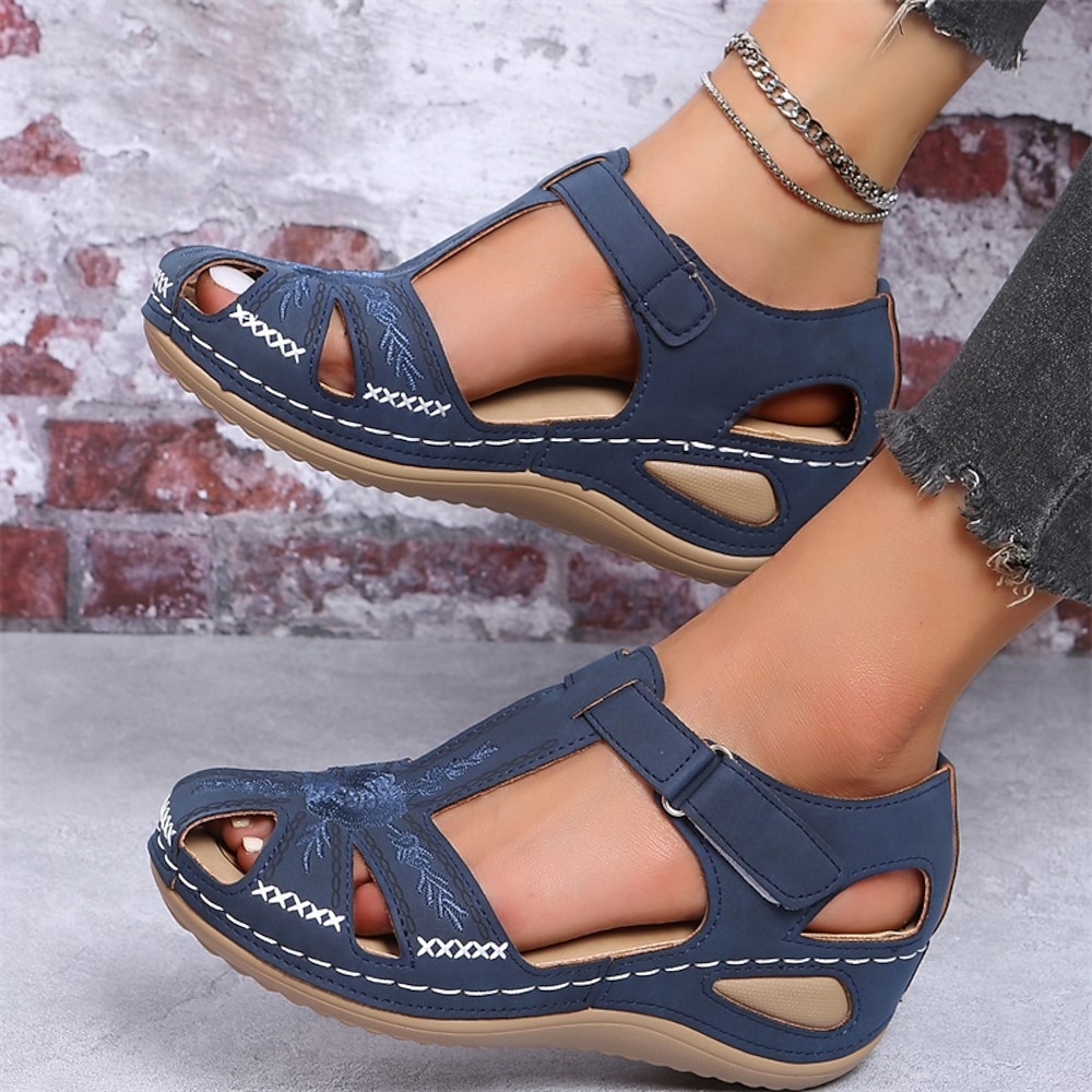 Marineblaue geschlossene Freizeitsandalen für Damen mit gesticktem Cut-out-Design und verstellbarem Klettverschluss - bequeme Sommerschuhe für den Alltag Lightinthebox