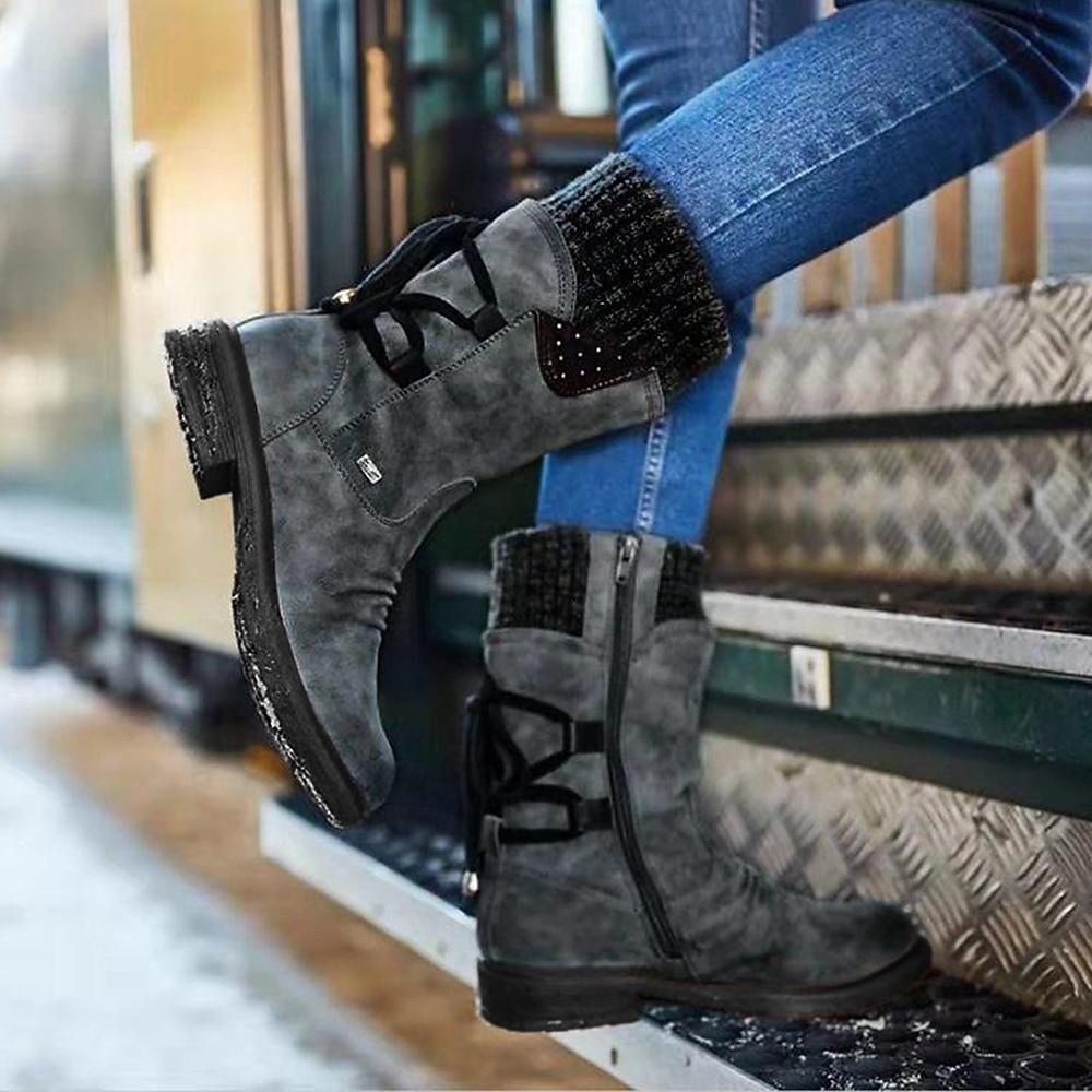 Damenstiefeletten aus grauem Wildleder mit Strickbündchen und Schnürdetail - stylische Winterstiefel mit seitlichem Reißverschluss und robuster Sohle Lightinthebox