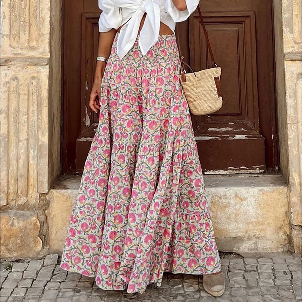 Damen Schaukel Langer Rock Böhmen Maxi Röcke Bedruckt Blumen Strasse Urlaub Frühling Sommer Polyester Modisch Küsten-Oma-Stil Boho Rosa Rose Lightinthebox