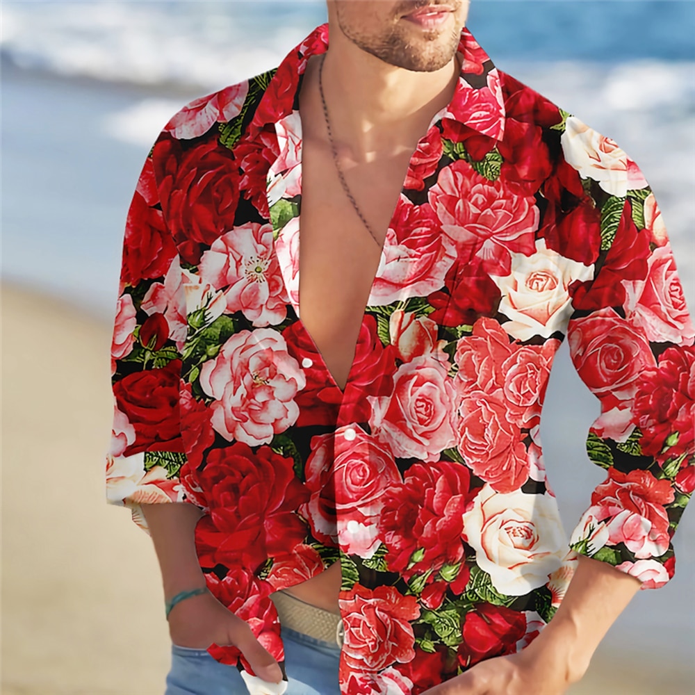 Herren Rose Blumen Tropische Blumen Hemd Hawaiihemd Sommerhemd Aloha-Shirt Langarm Hemd Umlegekragen Modisch Strassenmode Designer Outdoor Strasse Casual Gelb Rote Blau S M L Lightinthebox