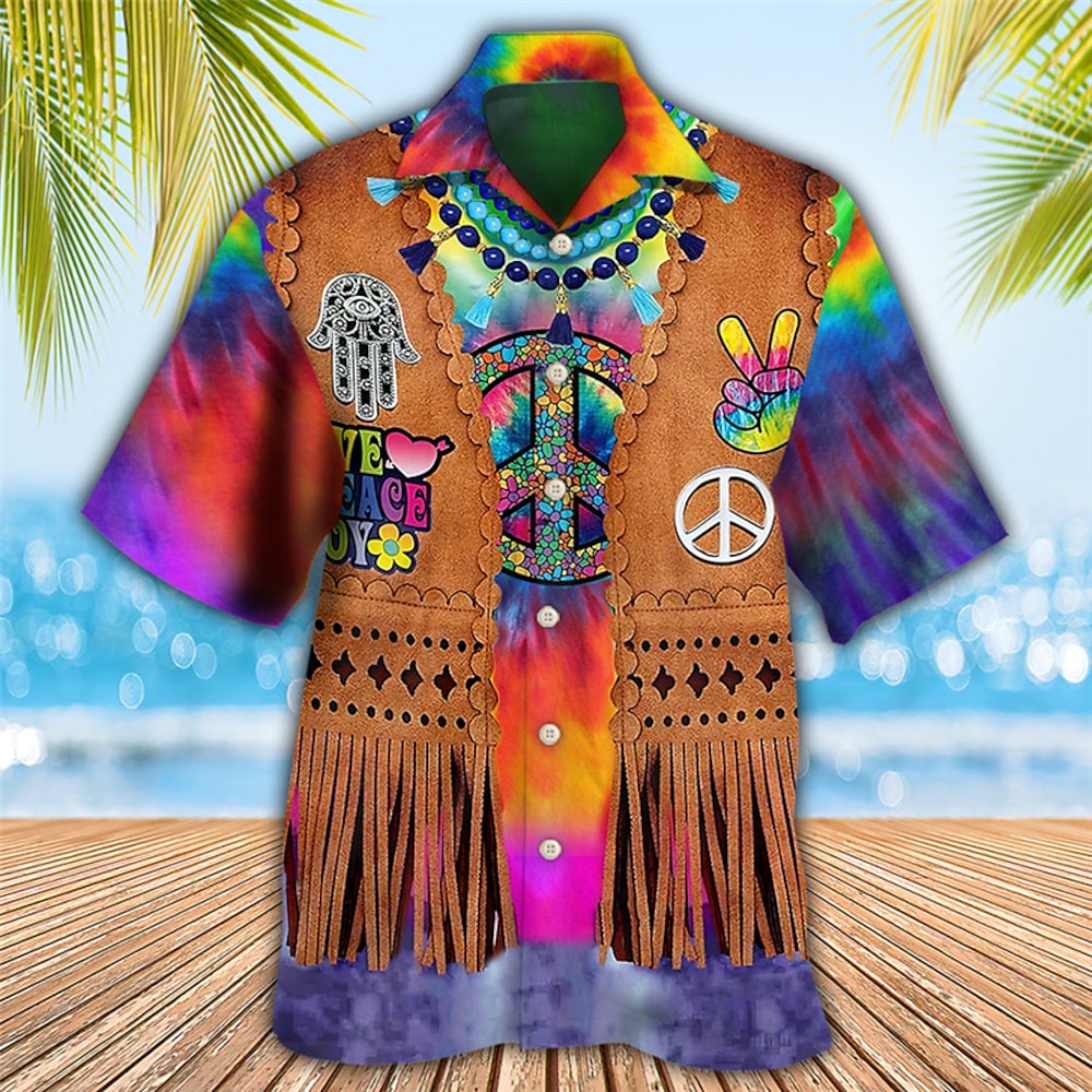 Herren Hippie Mehrfarbig Hemd Hawaiihemd Sommerhemd Aloha-Shirt Kurzarm Hemd Kubanisches Halsband Sport Modisch Strassenmode Outdoor Casual Hawaiianisch Gelb Schwarz / Braun Braun S M L Lightinthebox