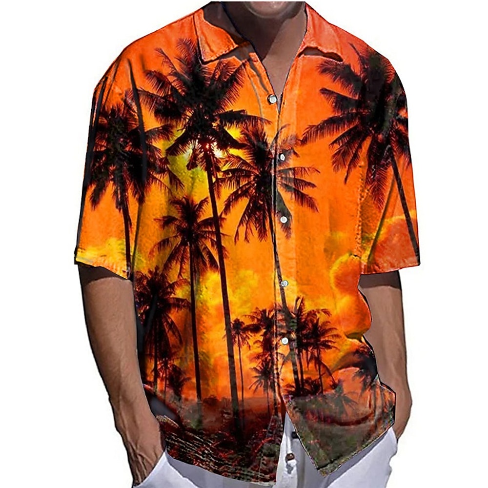 Herren Kokosnussbaum Sonnenuntergang Tropische Pflanzen Hemd Hawaiihemd Sommerhemd Aloha-Shirt Kurze Ärmel Hemd Umlegekragen Modisch Strassenmode Designer Outdoor Strasse Casual Weiß Gelb Blau S M L Lightinthebox