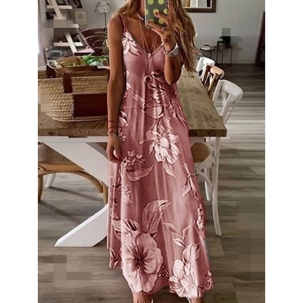 Damen Maxi Kleid Sonnenkleid A-Linie Kleid Floral Kleid Mode Modern Freizeit Urlaub Alltag Reguläre Passform Floral Ärmellos V-Ausschnitt Pink Blau Lila Fuchsia Sommer Frühling Lightinthebox