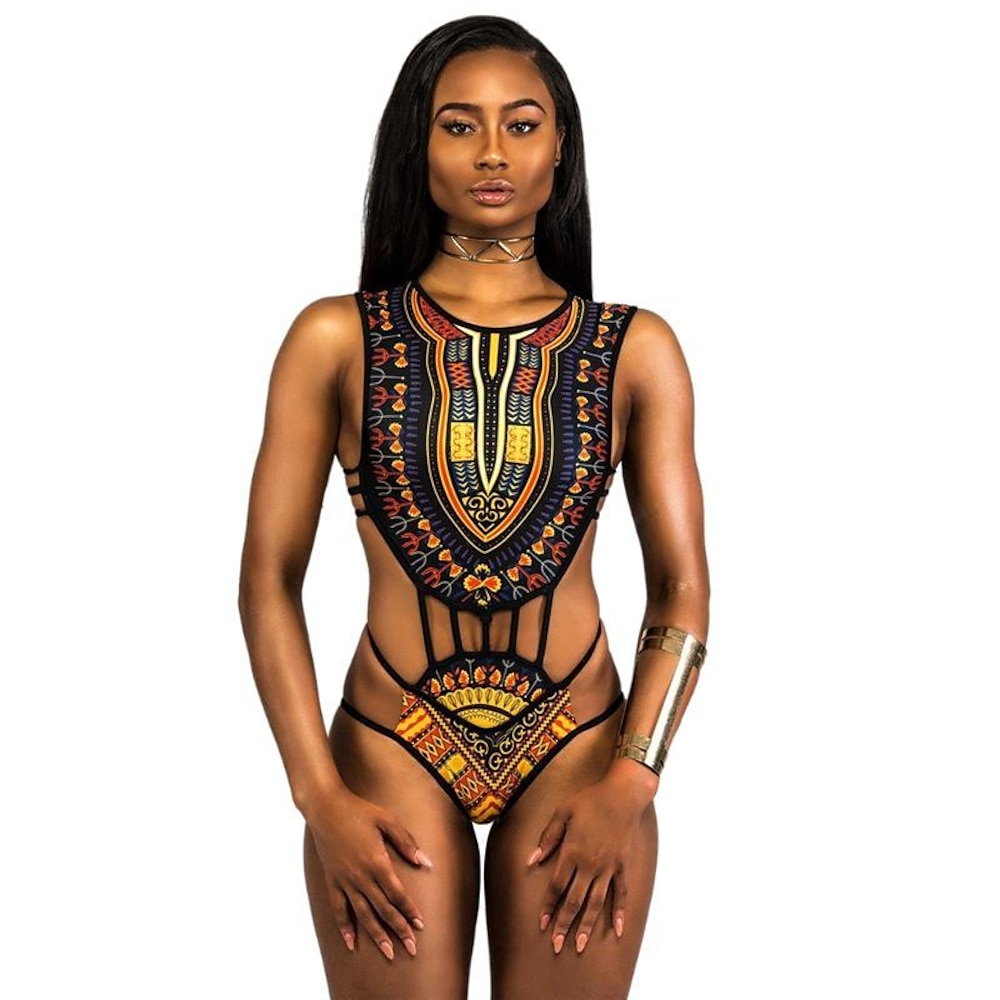 1 pcs Bademode Bikini Badeanzüge Afrikanisch traditionell Damen Graphic Polyester Schwarz Weiß Einteiliger Badeanzug Lightinthebox