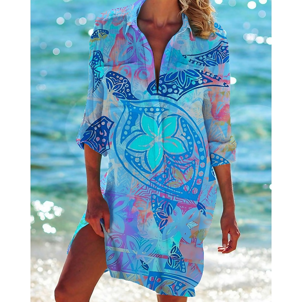 Damen Hemd Bluse Urlaub Strassenmode Hawaiianisch Graphic Farbverläufe Lange Oberteile Langarm Hemdkragen Tasche Bedruckt Regular Fit Täglich Festtage Wochenende Leicht Blau Frühling Herbst Lightinthebox