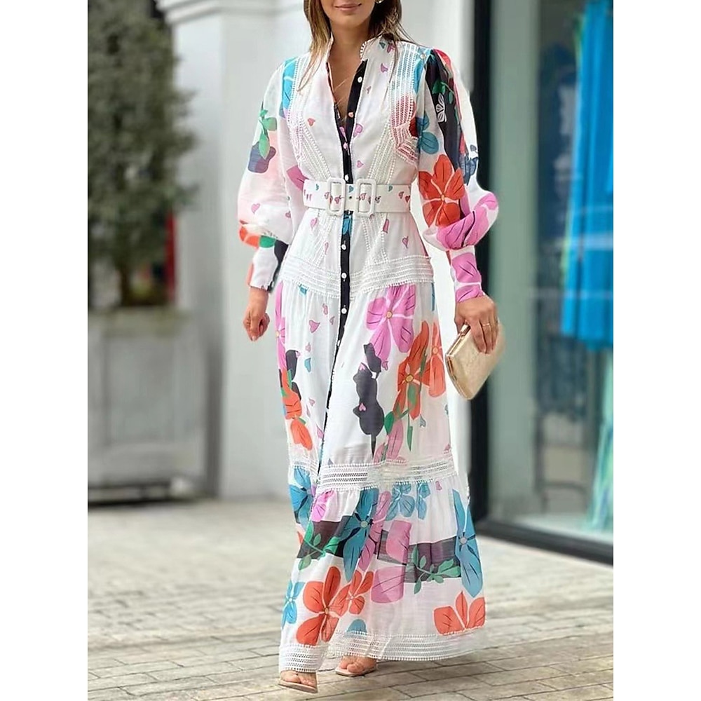 Damen kleid lang Casual kleid Kleid drucken Frühlingskleid Blumen Modisch Brautkleider schlicht Outdoor Täglich Urlaub Spitze Bedruckt Langarm Ständer Kleid Lockere Passform Weiß Sommer Frühling S M Lightinthebox