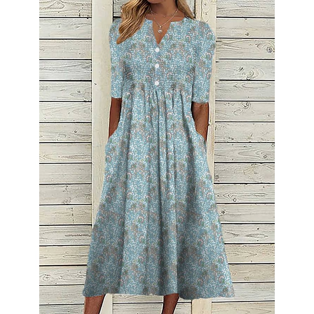 Damen Midi Kleid Florales Grafik Raffung Knopf V-Ausschnitt Alltag Urlaub Kurzarm Sommer Frühling Lightinthebox