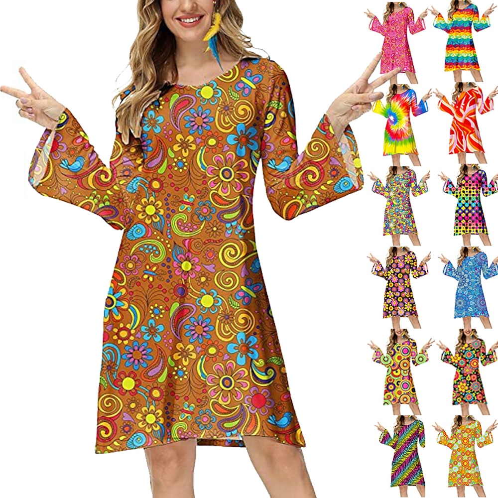 Hippie Retro Vintage 1970er Disko Kleid Damen Kostüm Jahrgang Cosplay Party Abend Langarm Kleid Maskerade Schlager Outfit Lightinthebox