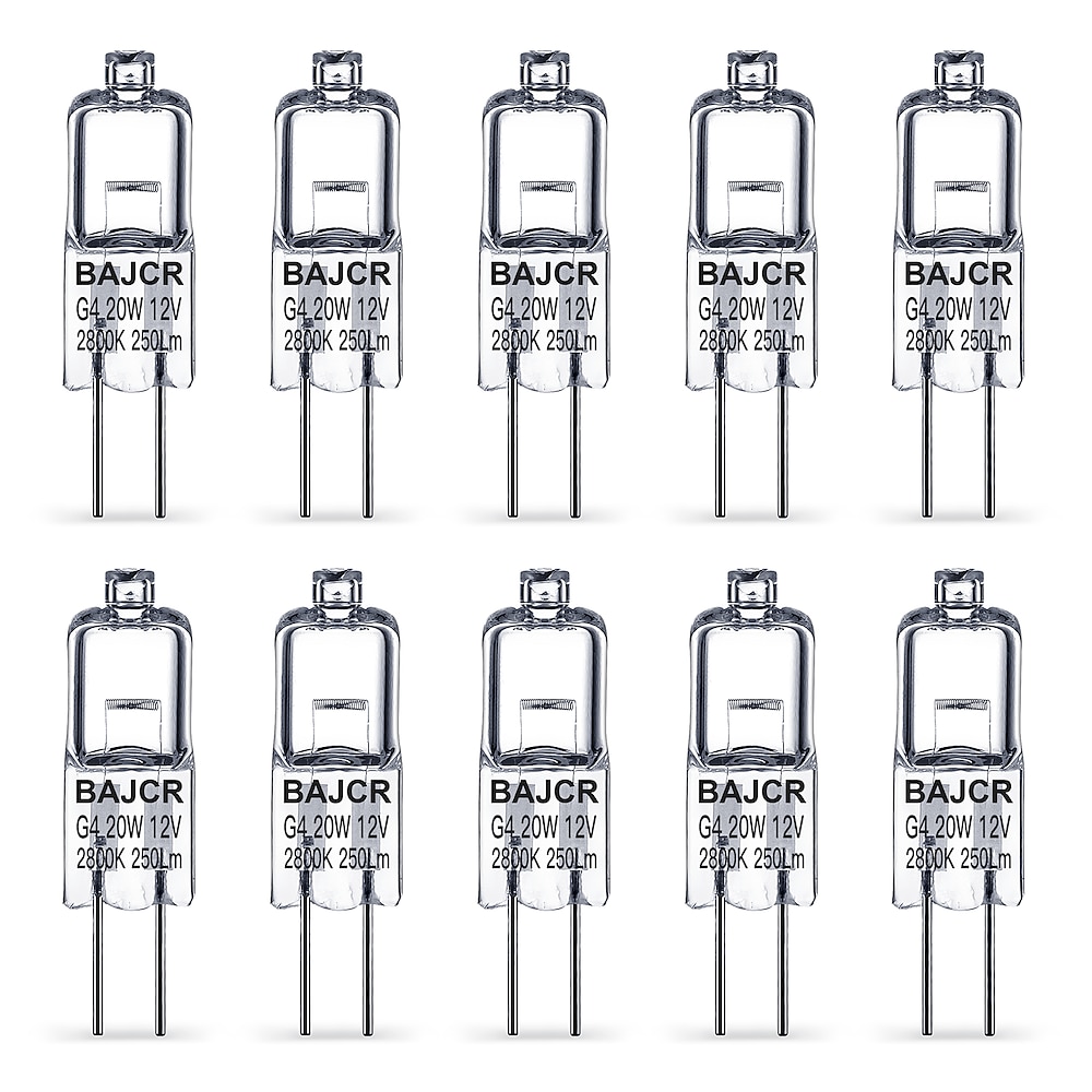 Bajcr G4 Halogenbirne 20 W, 10er-Pack dimmbare G4-Glühlampe für Unterschrank-Pucklicht, Kronleuchter, Schienenbeleuchtung, AC/DC 12 Volt, T3 JC-Typ Bi-Pin-G4-Sockel, warmweiß 2800 K Lightinthebox