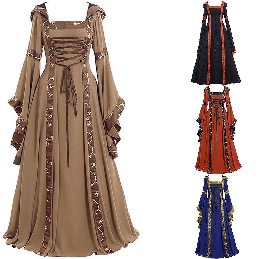 Mittelalterlich Renaissance 18. Jahrhundert Normallänge Kleid Trompetenärmel Vikinger Outlander Übergrössen Feste Farbe Quadratischer Ausschnitt Damen Keltisch Fantasie Maskerade Party Abend Lightinthebox