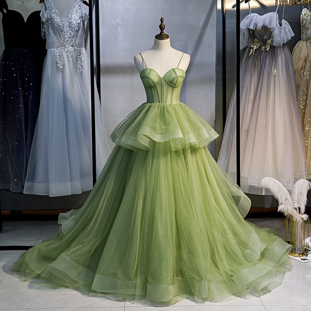 Ballkleid Quinceanera-Kleider, elegantes Kleid, Performance, Sweet 16, Hofschleppe, ärmellos, Spaghettiträger, Tüll mit Rüschen, beeindruckendes Kleid 2024 Lightinthebox