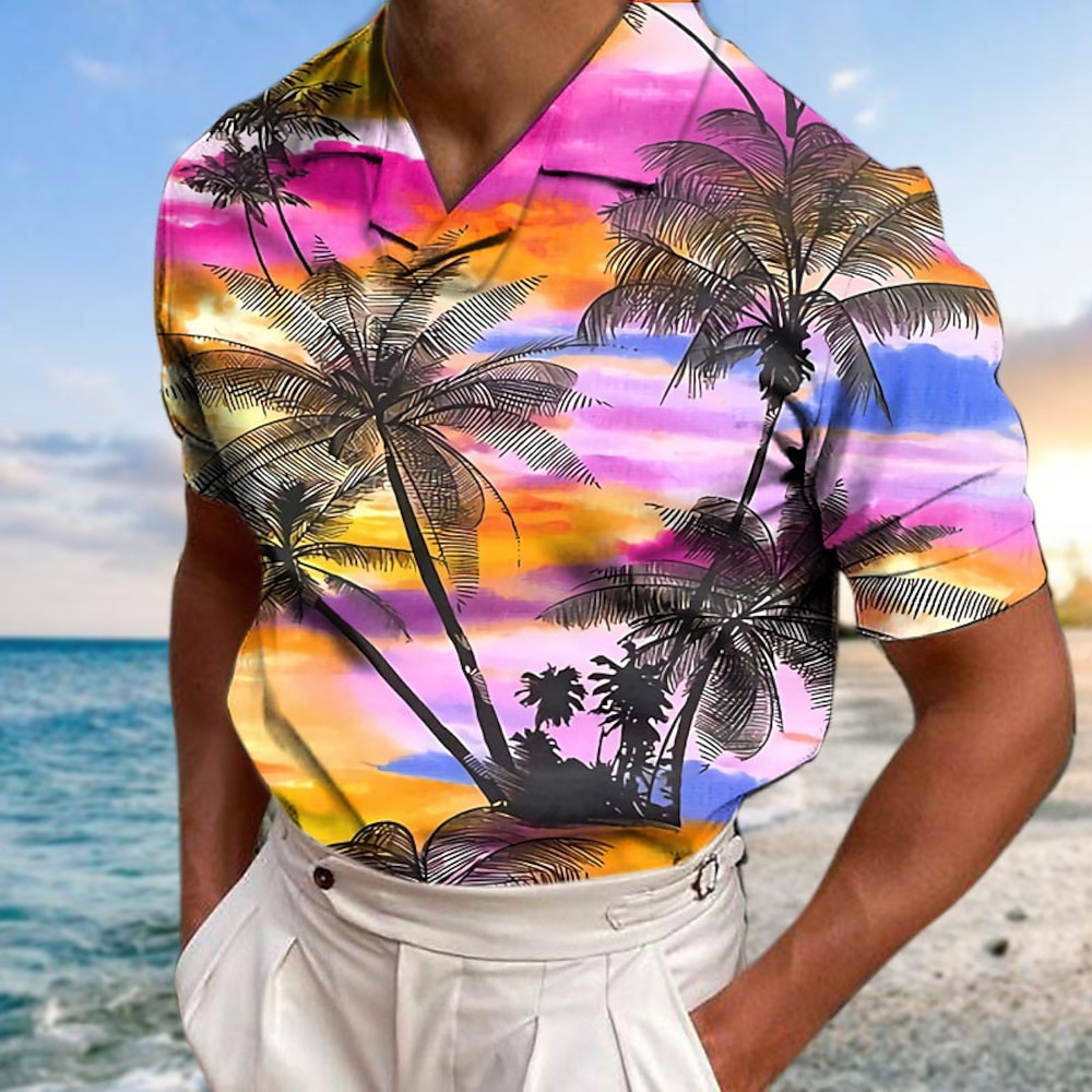 Herren Kokosnussbaum Grafik-Drucke Sonnenuntergang Poloshirt Hawaii-Polo Golfhemd Kurze Ärmel Hemd Kubanisches Halsband Outdoor Strasse Gelb Rote Blau Purpur Grün Bedruckt Bekleidung Modisch Designer Lightinthebox