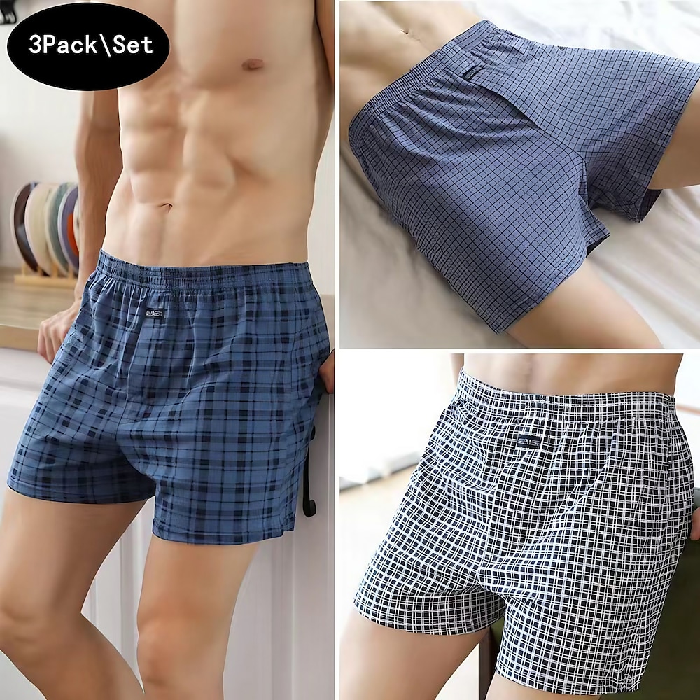 Herren 3 Pack Unterwäsche Boxer American Boxershorts Bedruckt Baumwollmischung Waschbar Komfortabel Plaid / Karomuster Tiefe Hüfthöhe BlauDunkelblauHellgrau Lightinthebox