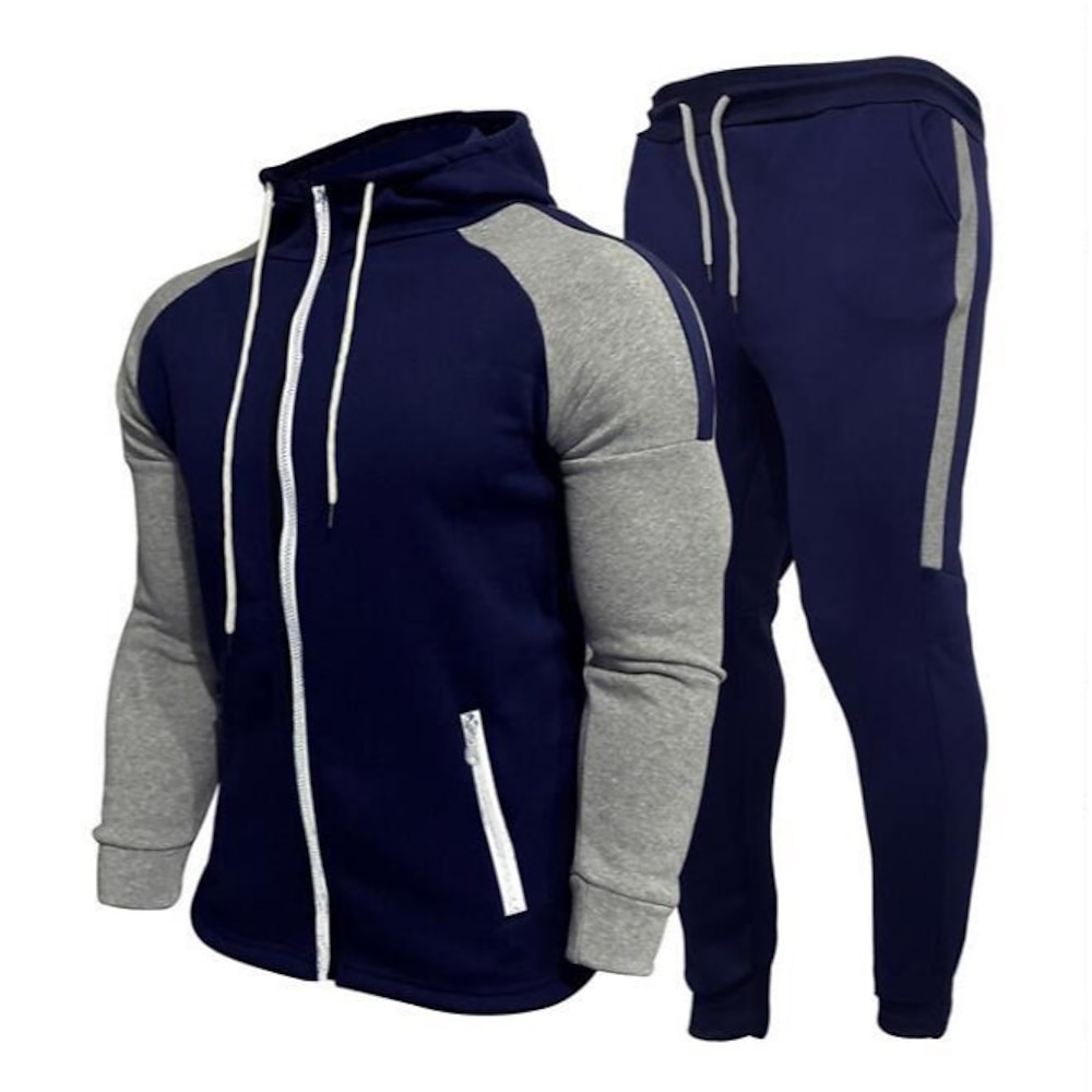 Herren Trainingsanzug Jogginganzug Jogginganzüge Schwarz Weiß Marineblau Grau Stehkragen Farbblock Kordelzug 2 Teile Sport Natur Täglich Sport Basic Casual Groß und hoch Herbst Frühling Bekleidung Lightinthebox