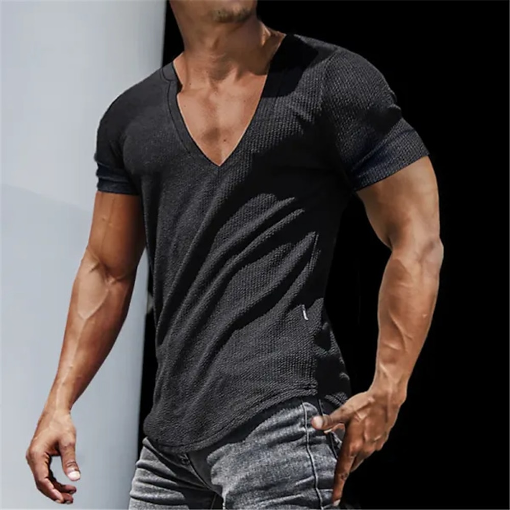 Herren T Shirt Rippstrick-Oberteil Geripptes Strick-T-Shirt Glatt V Ausschnitt Strasse Urlaub Kurze Ärmel Bekleidung Baumwollmischung Designer Basic Moderne zeitgenössische Lightinthebox