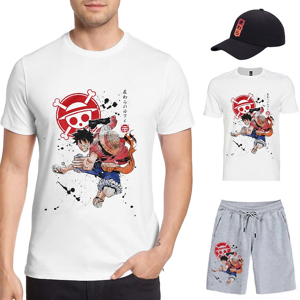 One Piece Affe D. Ruffy T-Shirt-Ärmel Kurze Hosen Baseballmütze Bedruckt Grafik Für Herren Erwachsene Heißprägen Casual Lightinthebox