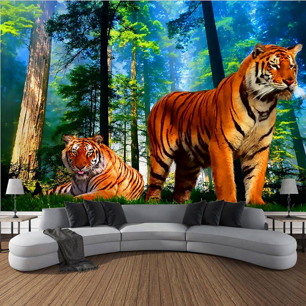 Wandteppich Wald Tierwelt Tiger hängende Tapisserie Wandkunst große Tapisserie Wandbild Dekor Foto Hintergrund Decke Vorhang Zuhause Schlafzimmer Wohnzimmer Dekoration Lightinthebox