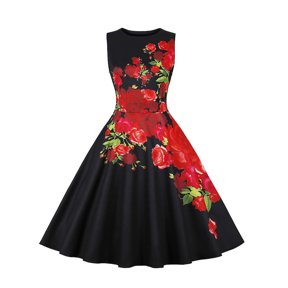 Damen Retro 1950s Vintage-Kleid Midikleid Täglich Festtage Rüschen Schleife Blumen Rundhalsausschnitt Ärmellos Regular Fit Sommer Frühling 2023 Dunkelviolett Schwarz S M L XL Lightinthebox