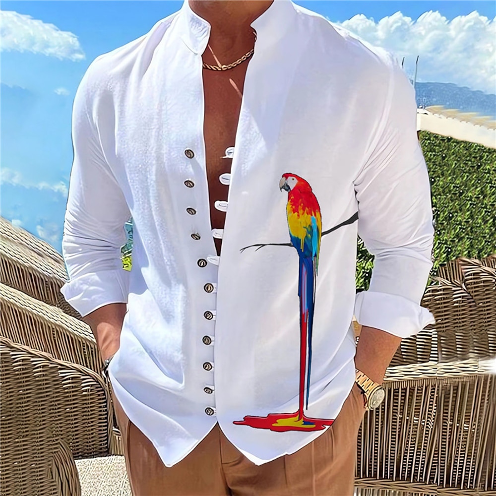 Herren Papagei Hemd Hawaiihemd Sommerhemd Langarm Hemd Ständer Modisch Designer Brautkleider schlicht Outdoor Strasse Casual Weiß Blau Blau / Weiß S M L Lightinthebox